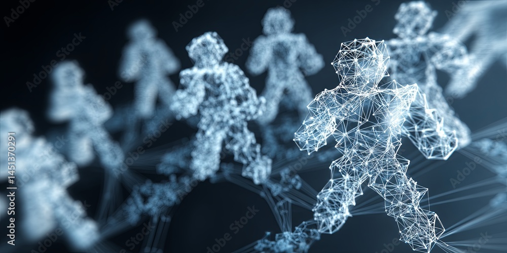 Poster Abstract representation of interconnected human figures forming a social network with communication nodes and cloud symbol, illustrating modern digital connectivity