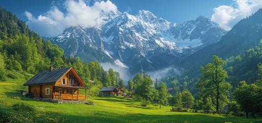 Fototapeta premium Alpine Cabin Paradise: Majestic Mountain Views