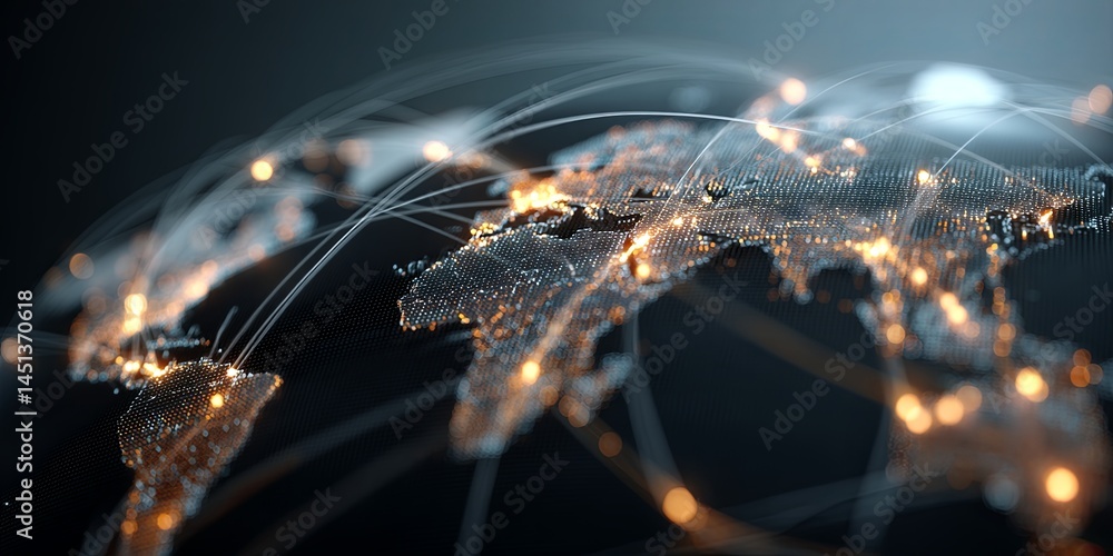 Poster Global Network Connection Concept with Bright Lights Representing Data Flow Across Continents and Countries, Illustrating Digital Communication and Modern Technology