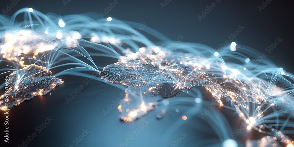 Poster Global Network Connection Concept with Bright Lights Representing Data Flow Across Continents and Countries, Illustrating Digital Communication and Modern Technology