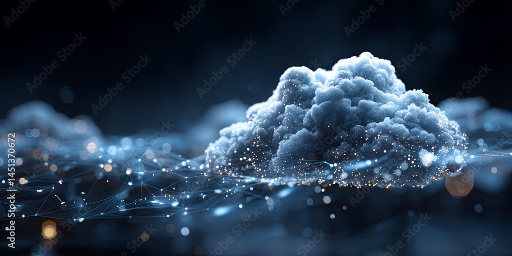 Poster Digital representation of cloud technology with abstract graphics and glowing elements in a futuristic style, showcasing data connectivity and information transfer