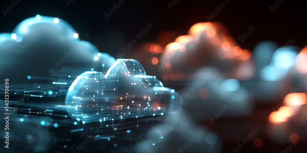 Aufkleber Digital representation of cloud technology with abstract graphics and glowing elements in a futuristic style, showcasing data connectivity and information transfer
