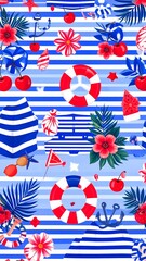 Fototapeta premium Illustration of a vibrant nautical pattern featuring lifebuoys, cherries, flowers, and leaves on a blue and white striped background design.