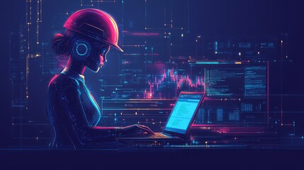 Digital female worker engaged in technical programming tasks.