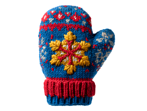 Single Knitted Mitten with Snowflake Pattern Isolated on Transparent Background