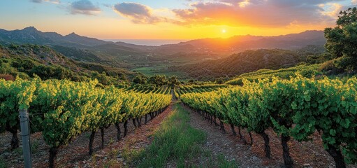 Naklejka premium Sunset over Vineyard in Mountainous Landscape