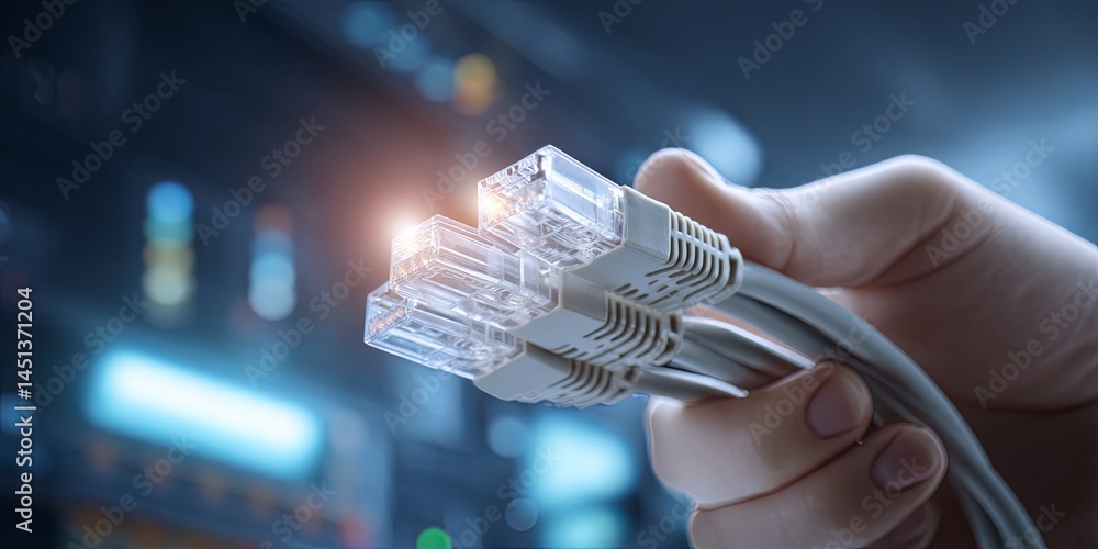 Poster Hand Holding Ethernet Cables with Network Switch in Background Showcasing Connectivity and Technology in Modern Digital Environment
