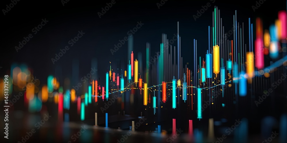 Leinwandbilder Abstract Financial Chart with Colorful Candlestick Indicators and Graph Lines in Digital Space Representing Stock Market Trends and Data Analysis