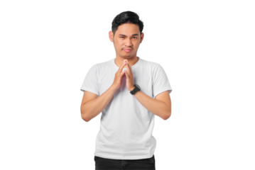 Pensive young Asian man with a serious face thinking about a question, thoughtful about confusing idea isolated on transparent background