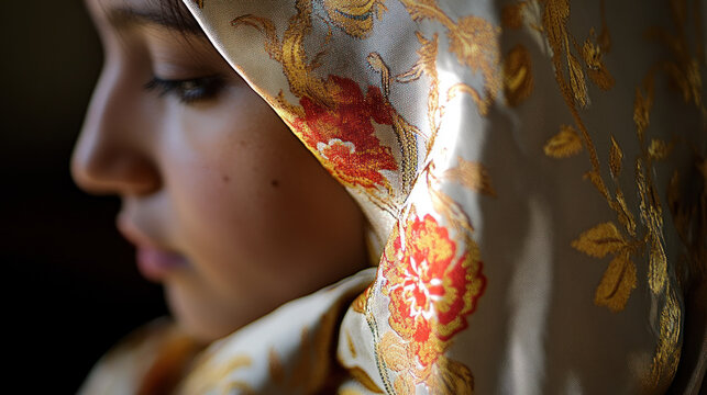 Glimpse of Inner Peace: A girl, draped in a headscarf, finds solace in a moment of introspection. This image symbolizes tranquility, faith, and cultural identity.