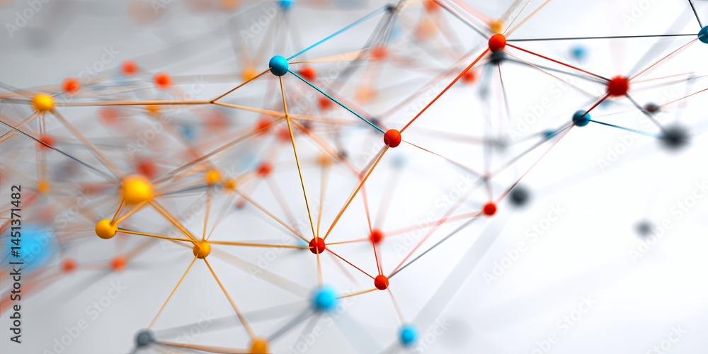 Poster Colorful Abstract Network Connection Design with Points and Lines on White Background for Digital Art and Creative Projects