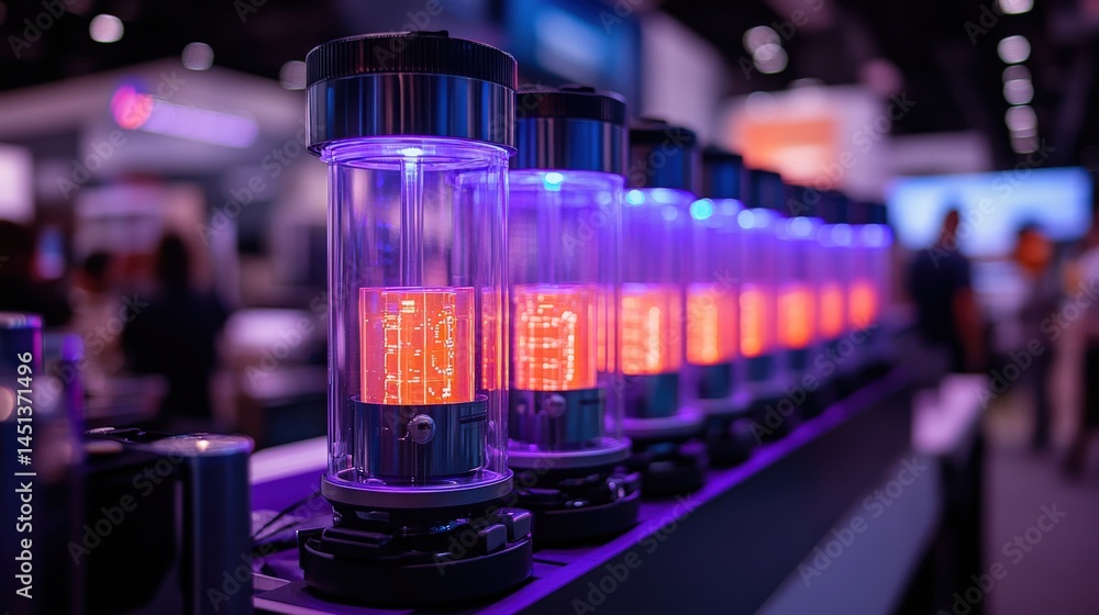 Poster modern technological display featuring illuminated tubes at an exhibition event with attendees
