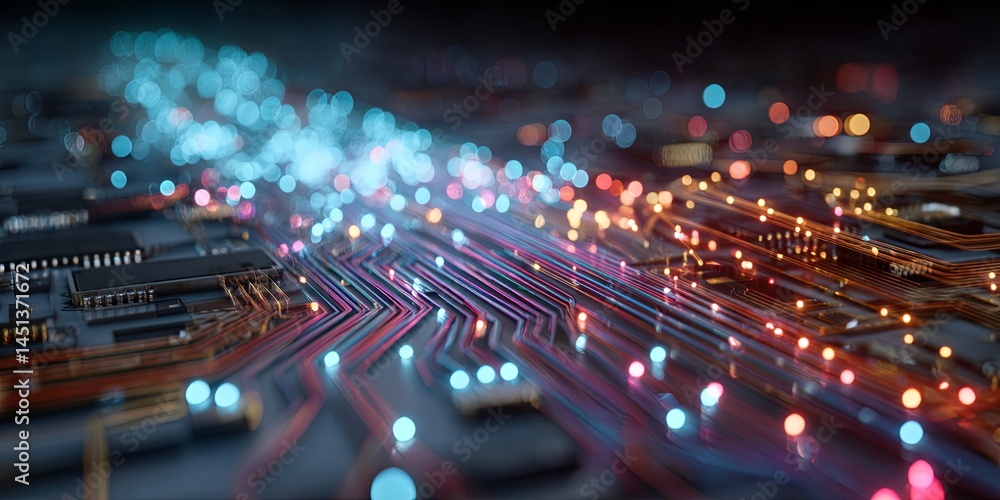 Aufkleber Abstract Close-Up of Computer Circuit Board with Glowing Fiber Optic Cables and Colorful Lights for Technology and Innovation Concept