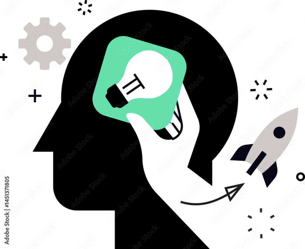 Poster an abstract illustration of innovation creativity and progress depicting an idea being launched via 