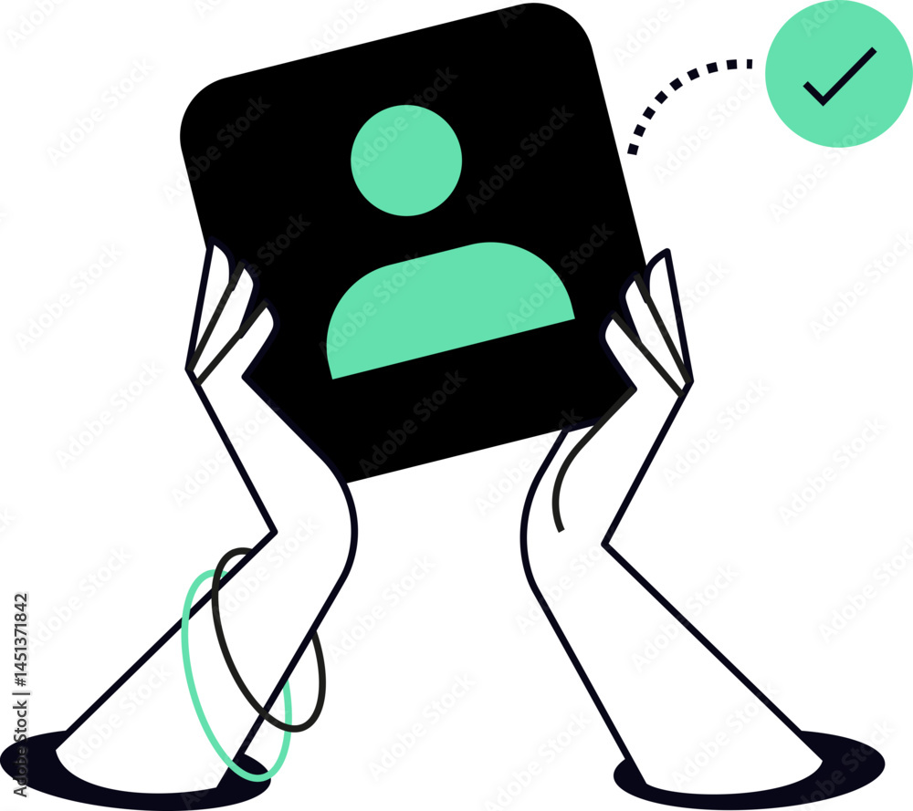 Poster stylized hands hold a digital profile. a checkmark indicates completion. perfect for interface eleme