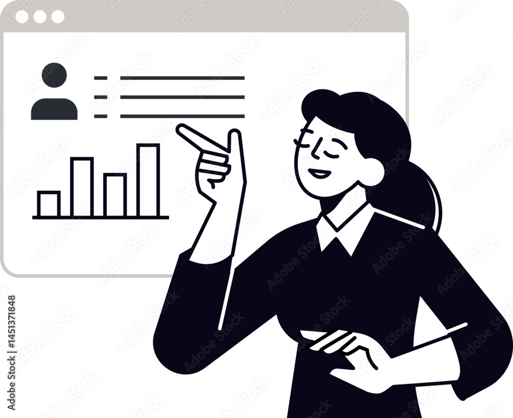 Aufkleber a woman analyzes data on a screen pointing to a graph with a satisfied expression. it could represen