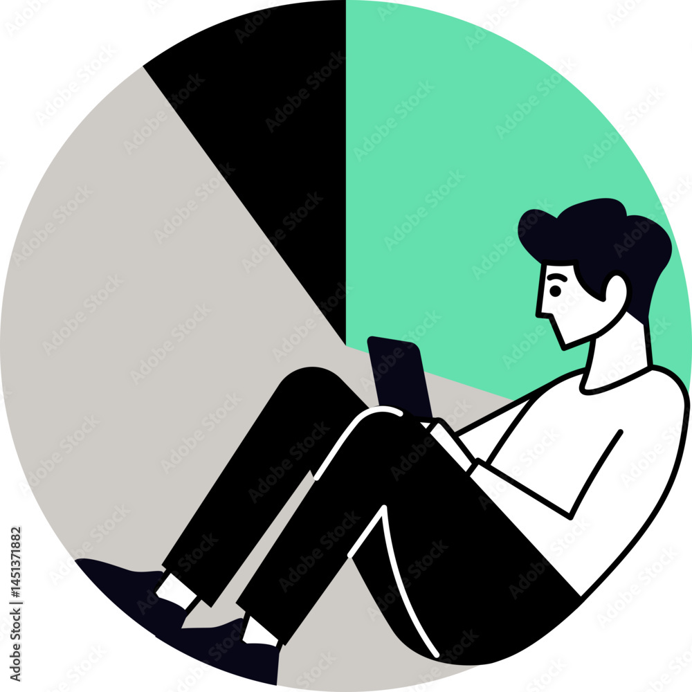 Poster an illustration of a person reclining and using a tablet. it uses flat colors and simple shapes conv