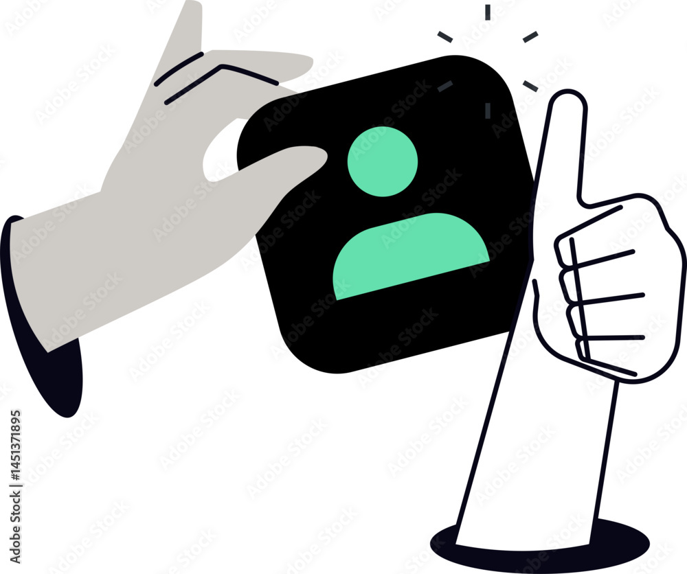 Poster illustration of two hands holding a device with a person icon and a thumbs-up symbolizing approval a