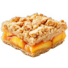 Slice of peach pie with crumb topping, golden crust, juicy peach filling, and peach slices on top isolated on transparent background.
