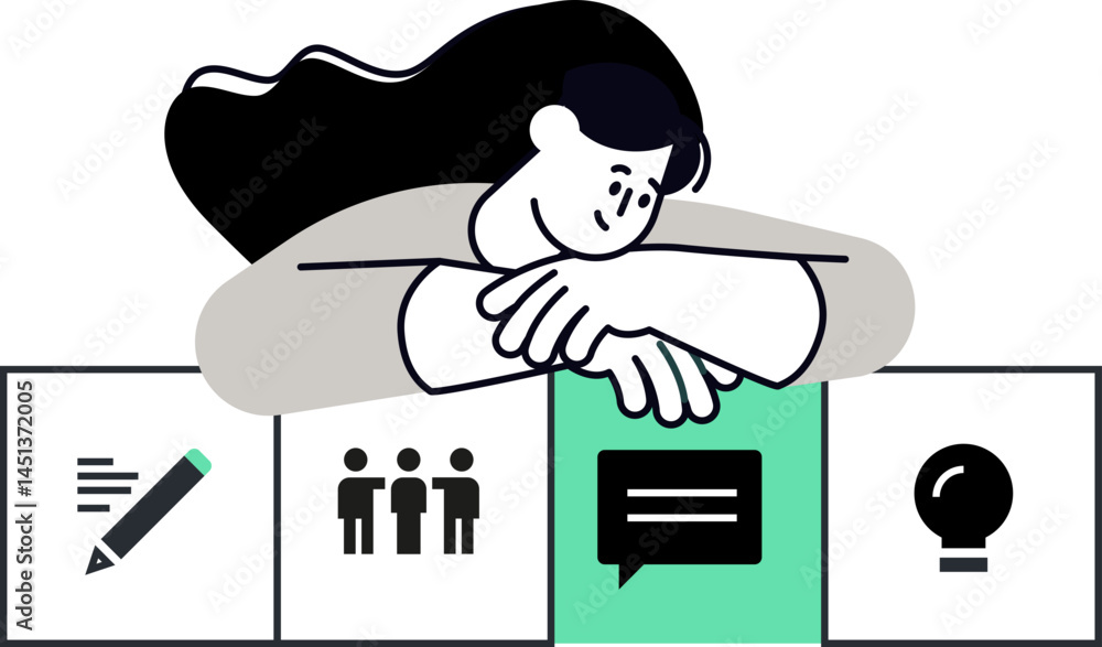 Poster a person leaning on a design element representing ideas. focus on communication teamwork and ideas g
