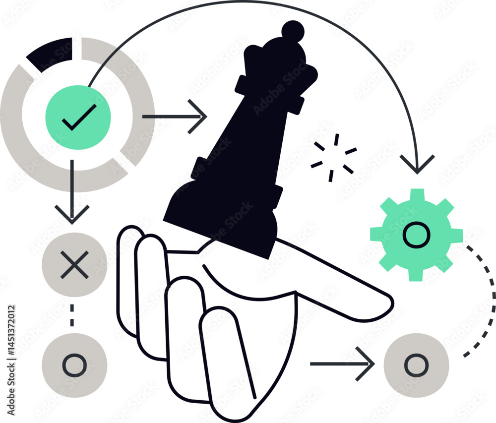 Poster strategic planning process visualized. a hand holds a chess piece symbolizing decision making. imple
