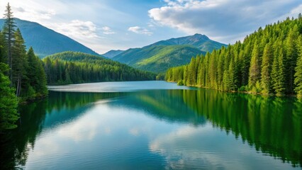 Naklejka premium SDGs-Sustainable Development Goals, Clean Water and Sanitation Serene lake surrounded by lush mountains and forest under a vibrant sky.