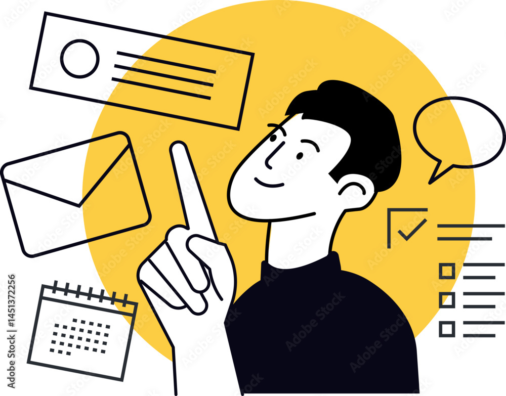 Poster a person pointing upwards with task management icons. suggests planning communication and organizati