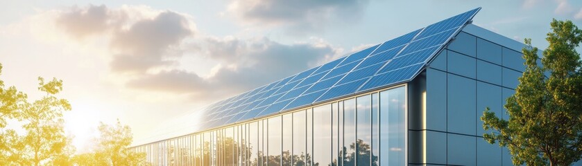 Obraz premium Modern greenhouse with solar panels and greenery
