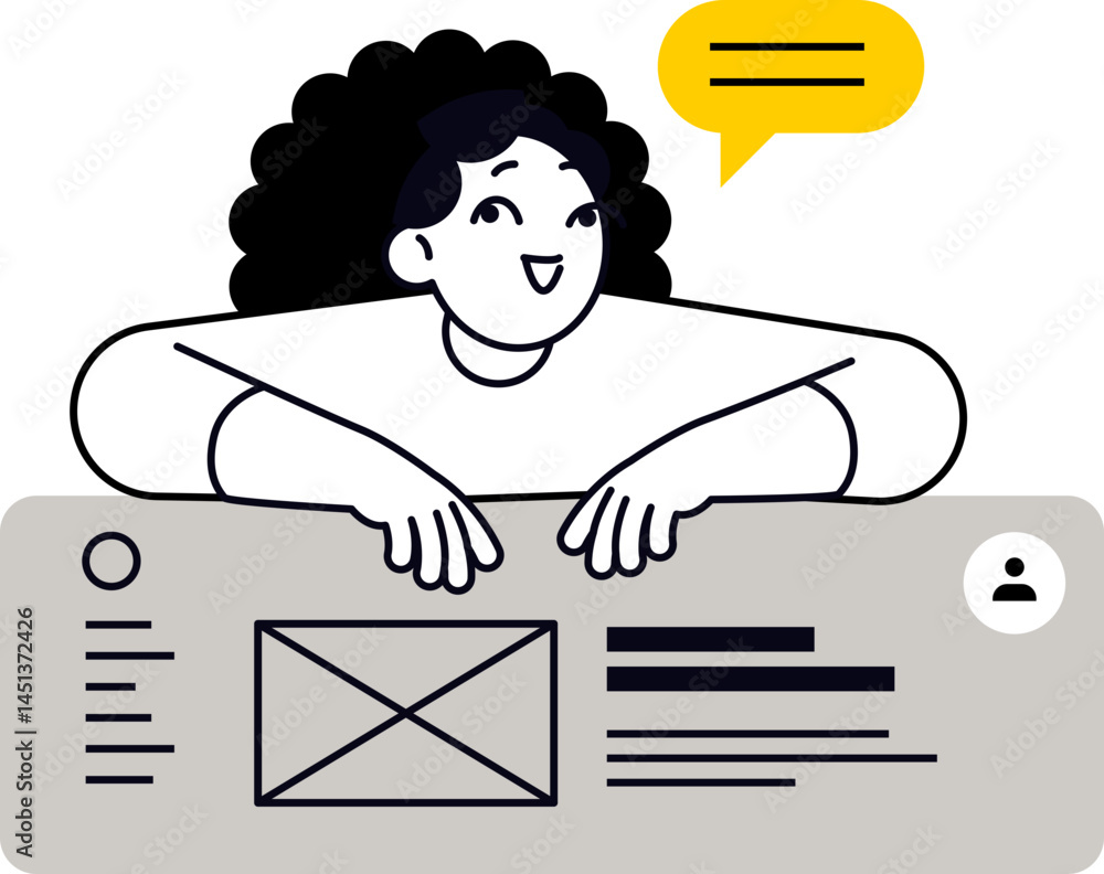 Poster A smiling person is interacting with a website or app representing online communication and engagement. The illustration suits website design or UI tutorials.