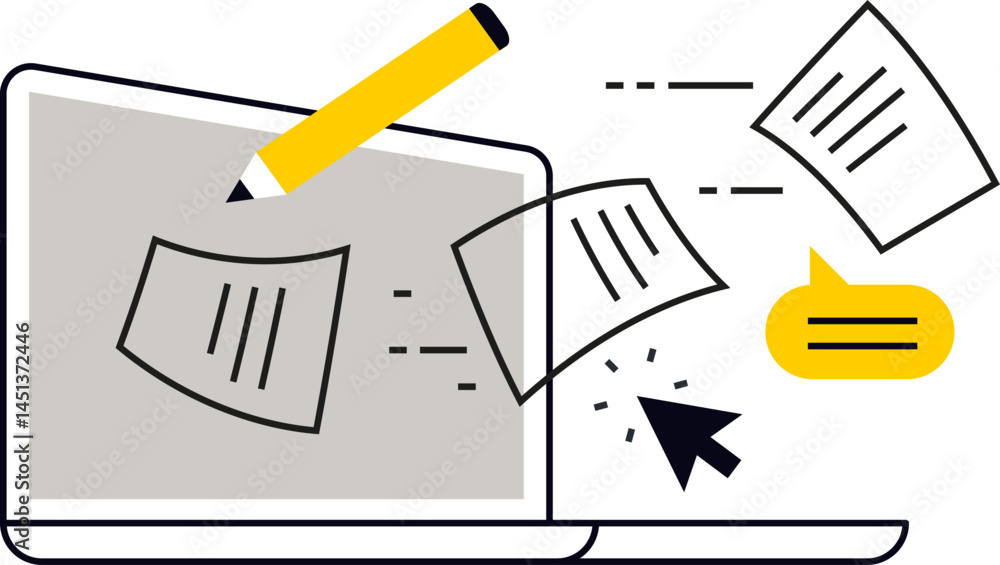 Poster digital workspace graphic. a laptop with documents pencil and cursor suggests writing editing or onl