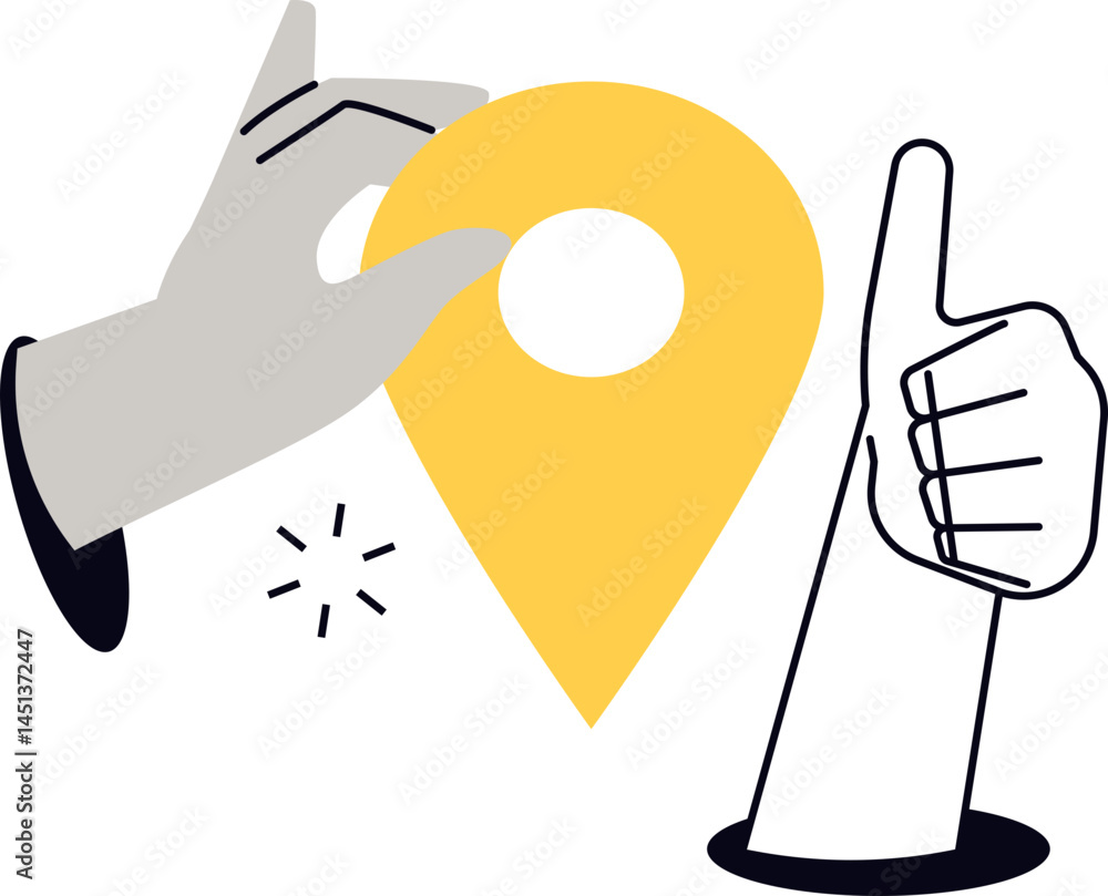 Poster image showing a location pin being held with a thumbs up. suggests a positive direction or location 