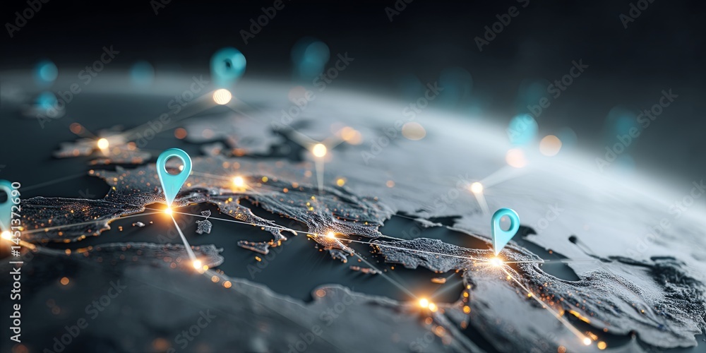 Fototapete conceptual representation of global digital connectivity with geolocation pins and network connectio