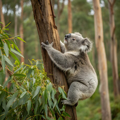 Fototapeta premium Adorable Koala Climbing Eucalyptus Tree in Australian Bush
