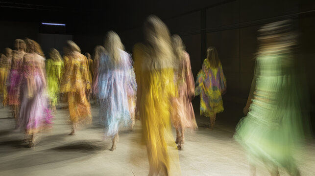 Motion Blur Fashion Show: A captivating image of models in vibrant dresses, captured with a motion blur effect creating a dynamic and stylish feel.