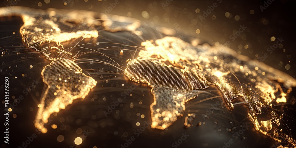 Poster Glowing World Map with Bright Starry Background in Warm Tones Representing Global Connectivity and Technological Advancement
