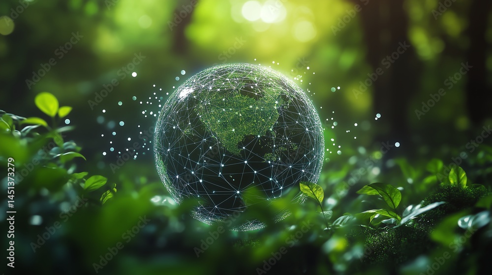 Aufkleber floating earth with data network over forest - esg net zero concept with bokeh background