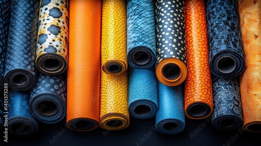 Poster a vibrant collection of textured rolls of fabric in various colors and patterns displayed artistical