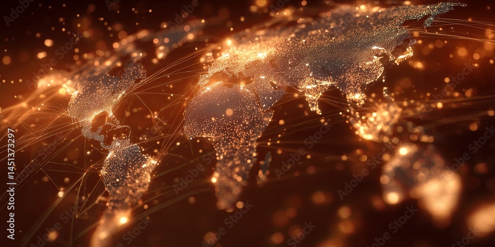 Poster Glowing World Map with Bright Starry Background in Warm Tones Representing Global Connectivity and Technological Advancement