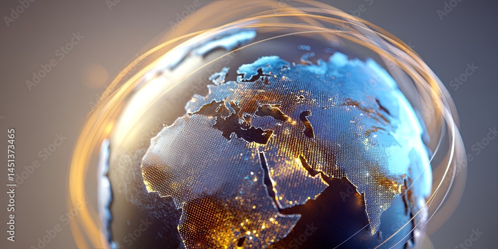Poster Beautiful Globe Design Representing Global Connectivity and Modern Technology with Illuminated Continents Against a Soft Gradient Background