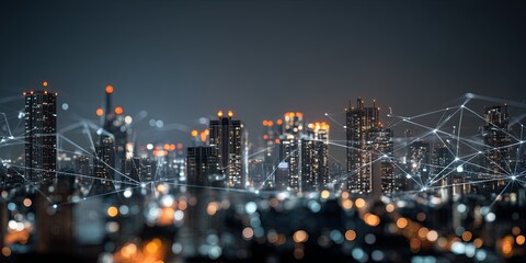 Fototapeta premium Urban Skyline at Night with Network Connections and Illuminated Buildings Showcasing Digital Connectivity in a Modern Cityscape