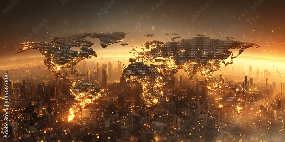 Aufkleber detailed and illuminated world map over urban landscape with fiery sky and golden glow imagery repre