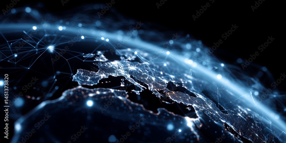 Aufkleber Digital representation of the Earth with glowing connections and data points illustrating global networking and technology advancements in dark blue background