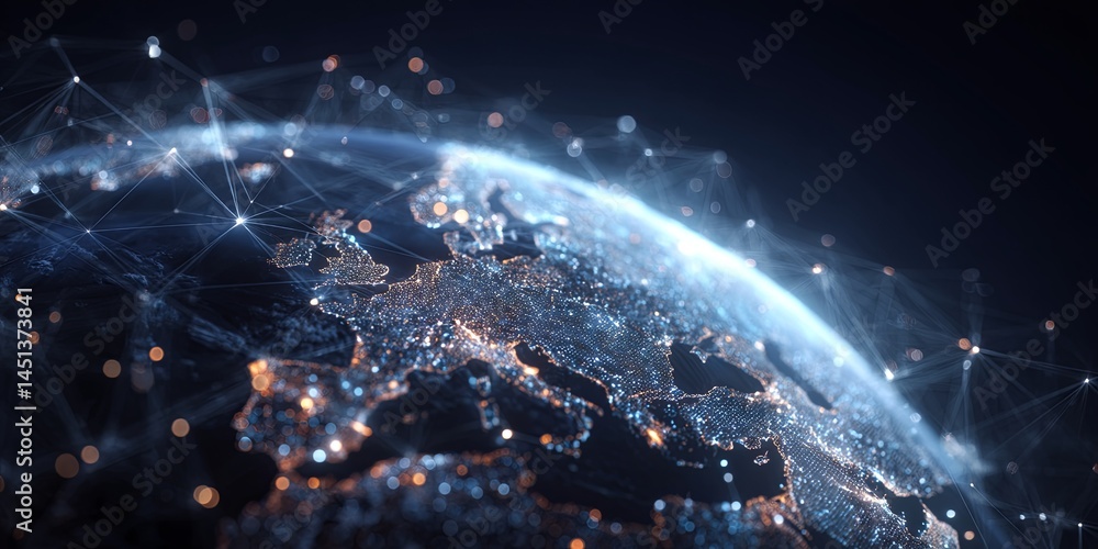 Aufkleber Digital representation of the Earth with glowing connections and data points illustrating global networking and technology advancements in dark blue background