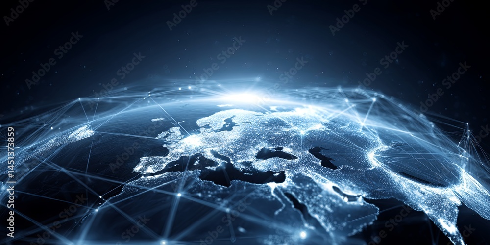 Poster Digital representation of the Earth with glowing connections and data points illustrating global networking and technology advancements in dark blue background