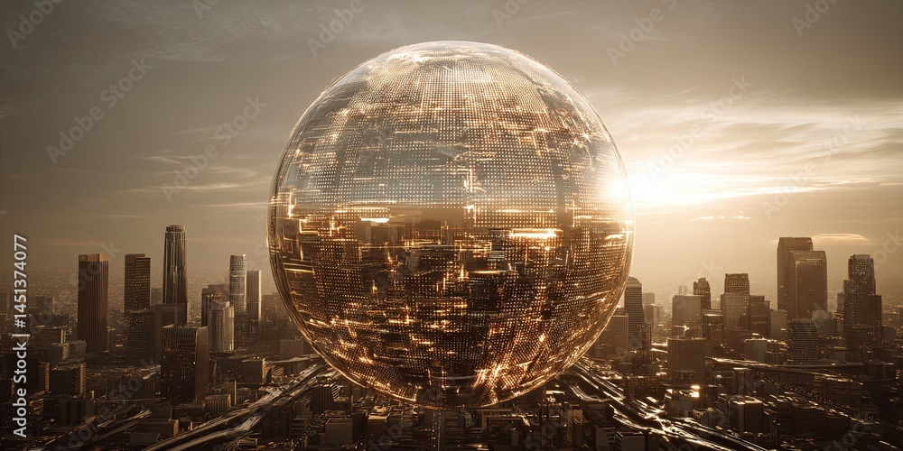 Poster stunning golden globe with digital design overlooking a cityscape at sunset, emphasizing technology 