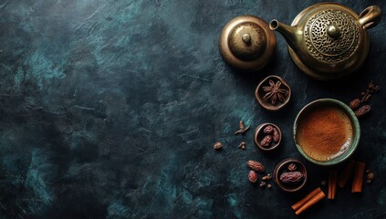Aromatic spiced tea with dates and teapot on dark background.