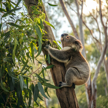 Koala Climbing Eucalyptus Tree in Australian Bush