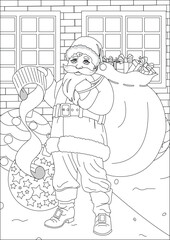 Santa With Gift Box And List Christmas Coloring Page Vector