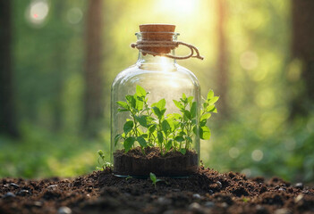 glass bottle with green leaves