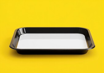 Black plastic tray with white liquid on yellow background.